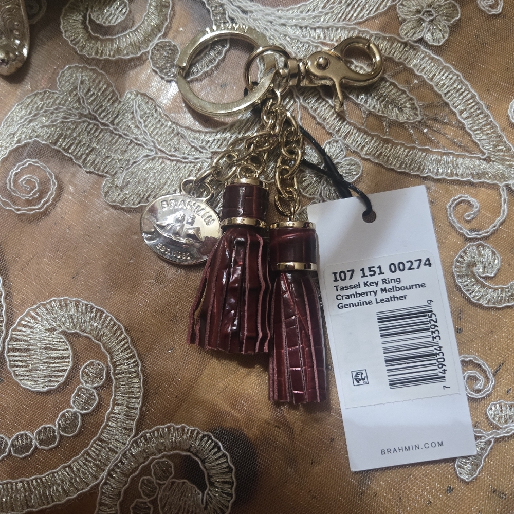 Brahmin Gold and Burgundy Leather Tassel Key Holder